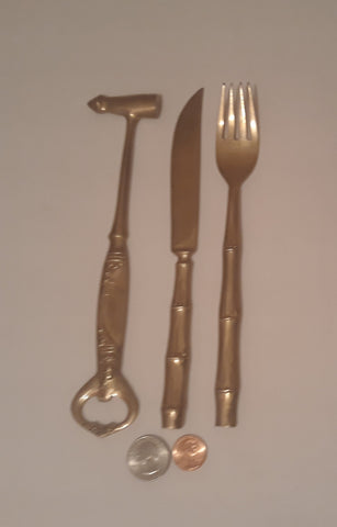 Vintage Metal 3 Piece Set of Gold Plated Utensils, Bottle Opener, Nut Cracker, Sea Food Cracker, 8" Long, Made in Thailand, Quality Heavy