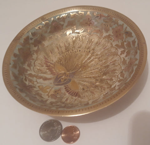 Vintage Metal Brass Bowl, Tray, 6" Wide, Intricate Peacock Design, This Can Be Shined Up Even More