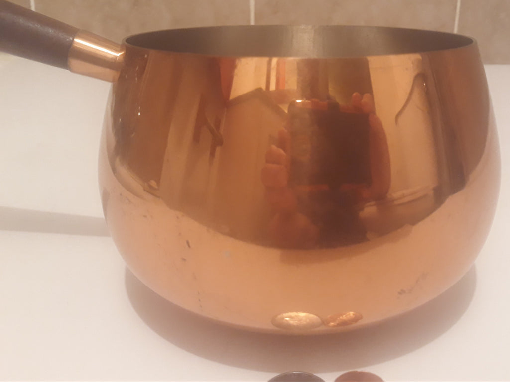 Vintage Copper Metal Cooking Pot with Wooden Handle, 10" Long, and 6" x 4" Pot Size, Kitchen Decor, Shelf Display, Cooking