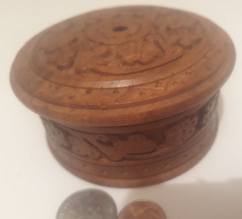 Vintage Wooden Storage Box, Stash Box, 4 x 2"", Round Box, Intricate Design, Dresser Decor, Table Display, Shelf Display