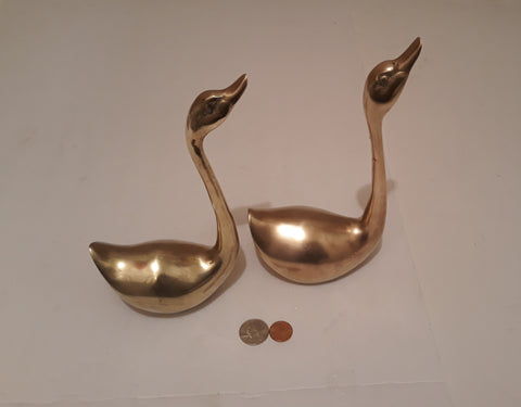 Vintage Set of 2 Metal Brass Swans, Ducks, Fowls, Birds, 9" Tall, Table Decor, Shelf Display.  These Can Be Shined Up Even More