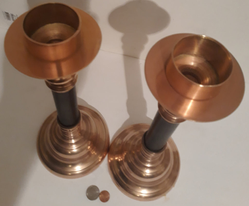 Vintage Metal Brass Set of 2 Candlestick Holders, 14" Tall and 5 1/2" Base Size, Holds 2" Candles, Table Display, Home Decor, Shelf Display