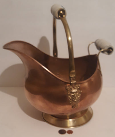 Vintage Metal Copper and Brass Coal Shuttle, Planter, 13" x 12" x 10", Porcelain Handles, Home Decor, Shelf Display