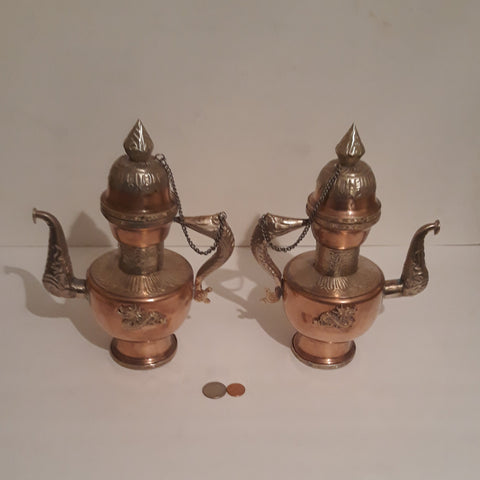 Vintage Set of 2 Metal Copper, Brass and Silver Tea Pots Set, 10" Tall, Dragons, Kitchen Decor, Table Decor, Shelf Display