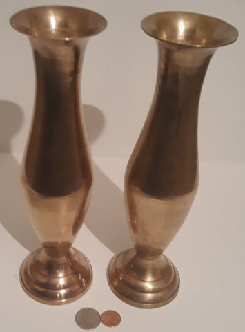 2 Vintage Metal Brass Vases, 10" Tall, Home Decor, Table Display, Shelf Display, These Can Be Shined Up Even More, Free Shipping in the U.S.