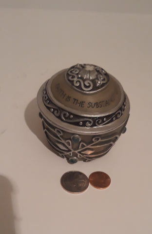 Vintage Round Storage Jar, Stash Box, 3" x 3", Resin, Faith Is the Substance of Things Hoped For Heb.11:1, Dresser Decor, Table Display