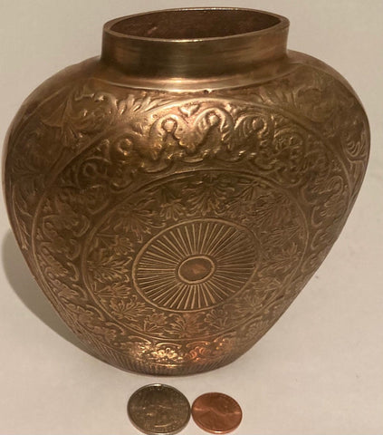 Vintage Metal Brass Vase, Intricate Design, Heavy Duty Thick Brass, 5 1/2" x 4 1/2", Table Decor, Shelf Display, This Can Be Shined Up