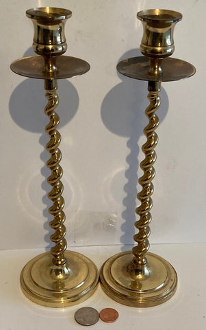 Vintage Set of Brass Metal Candlestick Holders, 10 1/2" Tall, Home Decor, Table Display,  Shelf Display, These Can Be Shined Up Even More