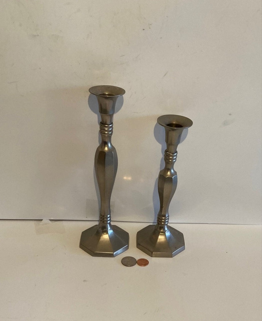 Vintage Set of Silver Metal Candlestick Holders, 9 1/2" Tall, Weighs 2 Pounds, Home Decor, Table Display,  Shelf Display