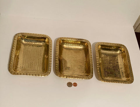 Vintage Set of 3 Brass Metal Trays, Dishes, Hammered Metal, 8 1/2" x 6 1/2" x 1 1/2", Heavy Duty, Quality, Table Decor, Kitchen Decor