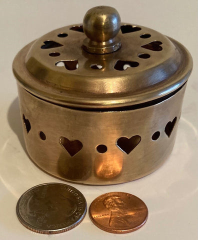 Vintage Metal Brass Container with Hearts, 2 1/2" x 2", Jewelry Storage, Dresser Decor, Shelf Display, This Can Be Shined Up Even More