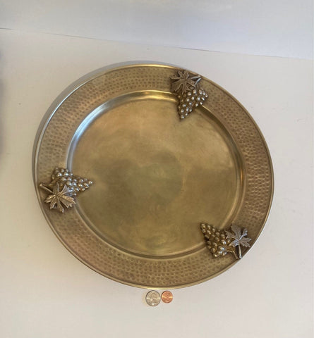 Vintage Metal Brass Platter, Heavy Duty, Hammered Metal, Grape Design, Quality, 15 3/4" WIde and Weighs 3 Pounds, Kitchen Decor, Table