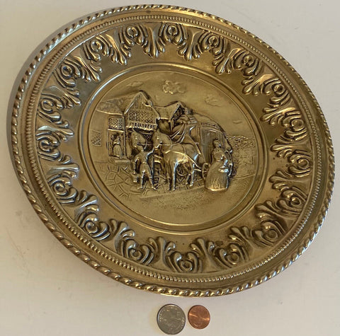 Vintage Metal Brass Round Plate Wall Hanging, 12" Wide, Wall Decor, Made in England, Quality, Stage Coach with Woman, Home Decor