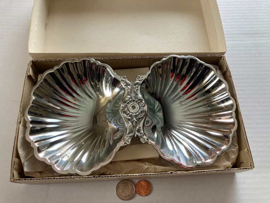 Vintage Metal Silver Double Shell Bonbon, Never Used, Box Cover Has Damage or Torn Cover.  10" Wide