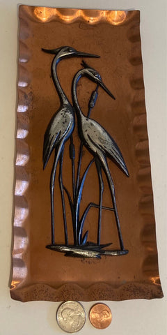 Vintage Metal Copper Tray with Cranes, Birds, 11" x 5", Home Decor, Table Display, Shelf Display, This Can Be Shined Up Even More