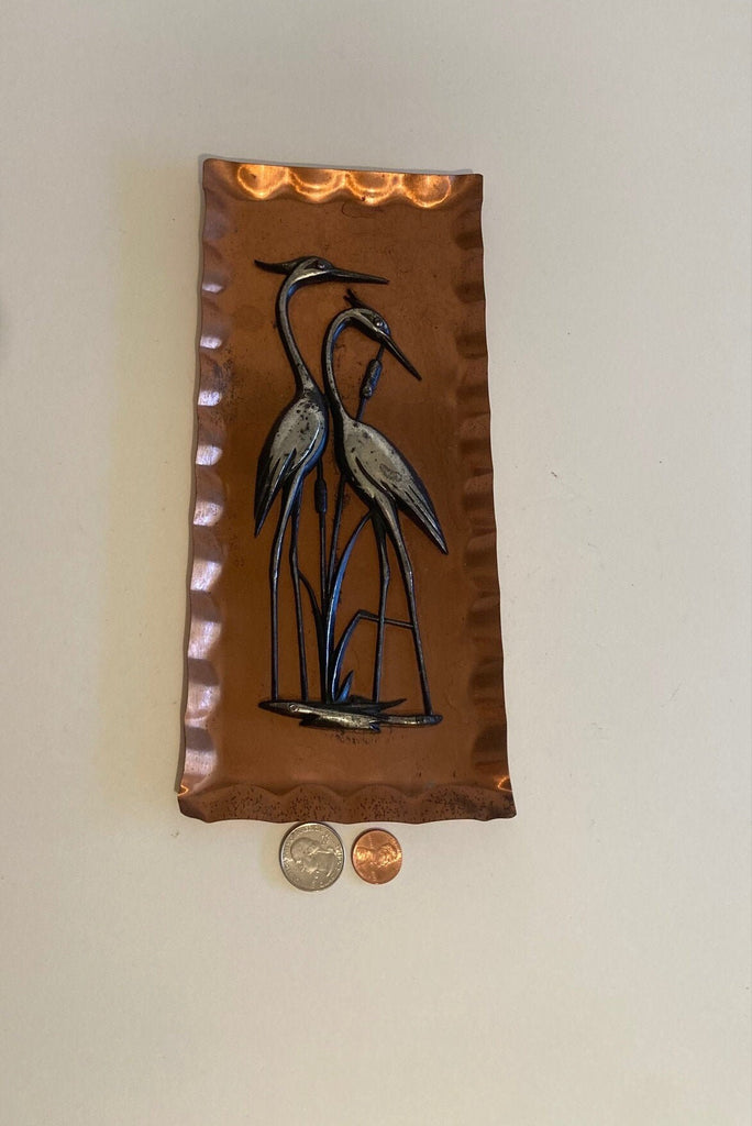 Vintage Metal Copper Tray with Cranes, Birds, 11" x 5", Home Decor, Table Display, Shelf Display, This Can Be Shined Up Even More