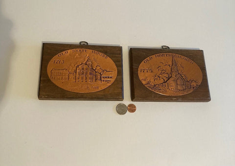 Vintage Set of 2 Copper and Wood Wall Hangings, 1713 Old State House and 1775 Old North Church, Saying on the Backs, Made in England, 7" x 5