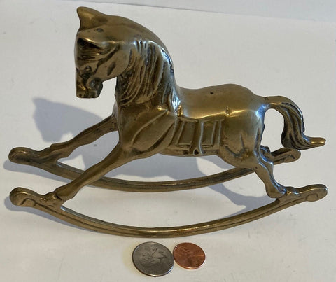 Vintage Metal Brass Rocking Horse Pony, 7" Long, Head Down, Rocking Action, Quality, Heavy Duty, Home Decor, Table Display, Shelf Display