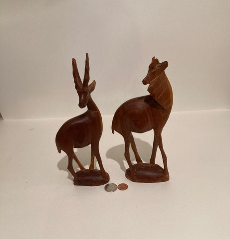 Vintage Set of 2 Wooden Hand Crafted Deer, Antelope, Animals, Carved, Kenya, 9 1/2" Tall", Quality, Art, Statue, Home Decor