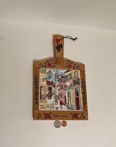 Vintage Wooden and Tile Kitchen Hanging Decor, Knife Holder, 13" Tall, Made in Portugal, Ladies Doing Laundry