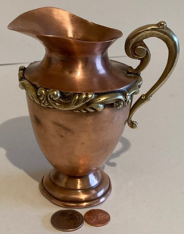 Vintage Copper and Brass Metal Serving Pitcher, 5 1/2" Miniature Picture, Heavy Duty Brass Handle and Trim, Kitchen Decor, Home Decor