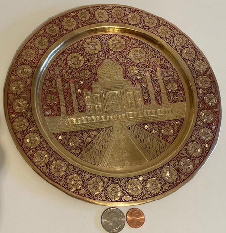 Vintage Metal Brass Plate with Red Enamel Inlays, Intricate Design, Palace, 9 1/2" Wide, Wall Decor, Table Display, Shelf Display