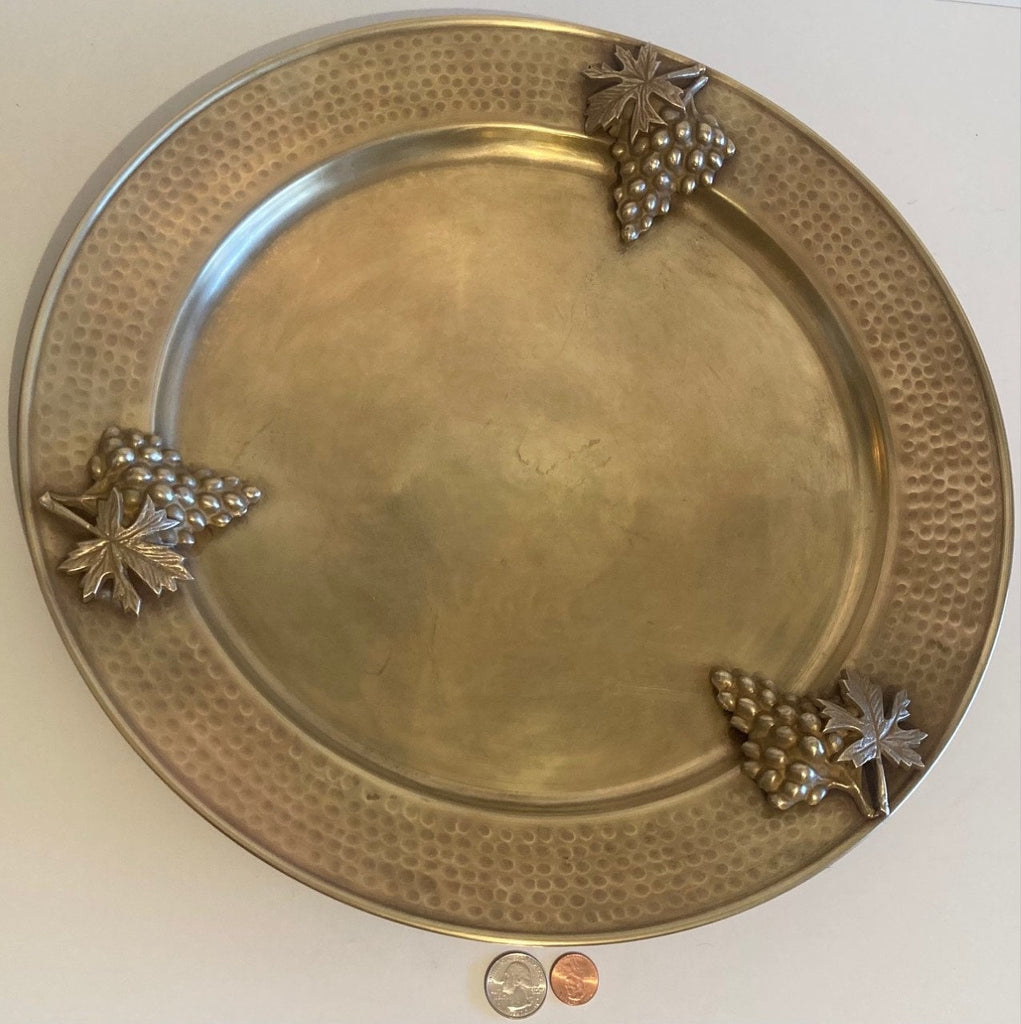 Vintage Metal Brass Platter, Heavy Duty, Hammered Metal, Grape Design, Quality, 15 3/4" WIde and Weighs 3 Pounds, Kitchen Decor, Table