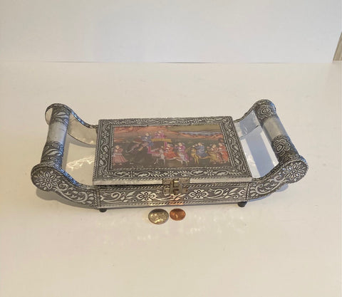 Vintage Metal Silver Embossed Storage Box, Stash Box, Jewelry Box, Gothic, Medievil , Red Velvet, 12" Long, 7" x 5" Box Size, Dresser Decor