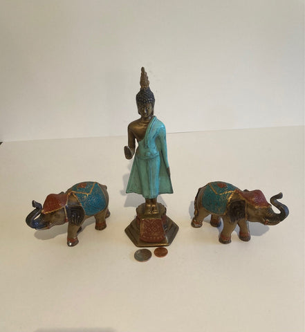 Vintage 3 Piece Set of A Metal Brass Lady and 2 Elephants, 9 1/2" Tall, Enamel, Quality, Heavy Duty, Home Decor, Table Display