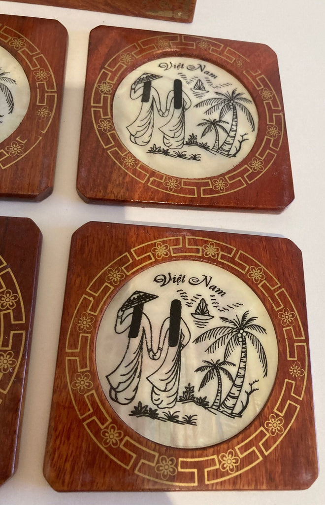 Vintage Wooden Set of 4 Cup Coasters, Coaster Set, Palm Trees, Kitchen Decor, Table Display, Shelf Display