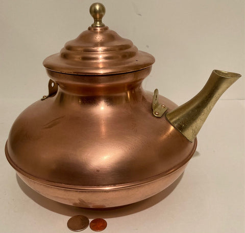 Vintage Metal Copper and Brass Teapot, Kettle, Large Size, 11" x 9 1/2", Kitchen Decor, Table Display, Shelf Display