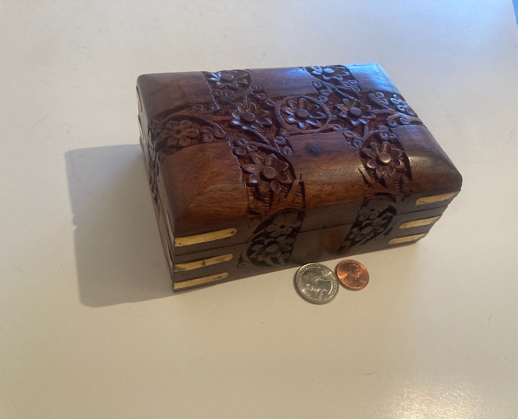 Vintage Wooden and Brass Storage Box, Stash Box, Red Velvet, 6" x 4" x 2 1/2", Hand Carved, Quality Hardwood, Jewelry, Storage