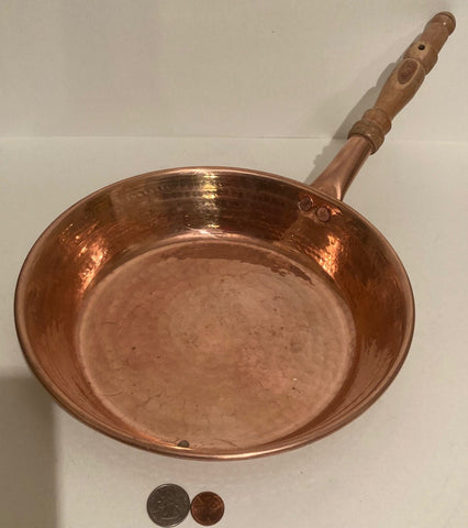 Vintage Metal Copper and Wooden Handle Cooking Pan, Quality, Heavy Duty, 18 1/2" Long and 10" x 2" Pan Size, Hammered Metal, Quality