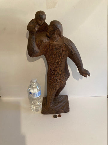 Vintage Fine Art, Inuit Carving, Wood, 20 1/2" Tall, Weighs 6 Pounds, Heavy Duty, Table Art, Shelf Art, Craftsmanship, Man Carrying Boy