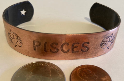 Vintage Metal Copper Pisces Astrology Wrist Band, Quality, One Size Fits Most, Horoscope, Fashion, Unique, Solid Copper