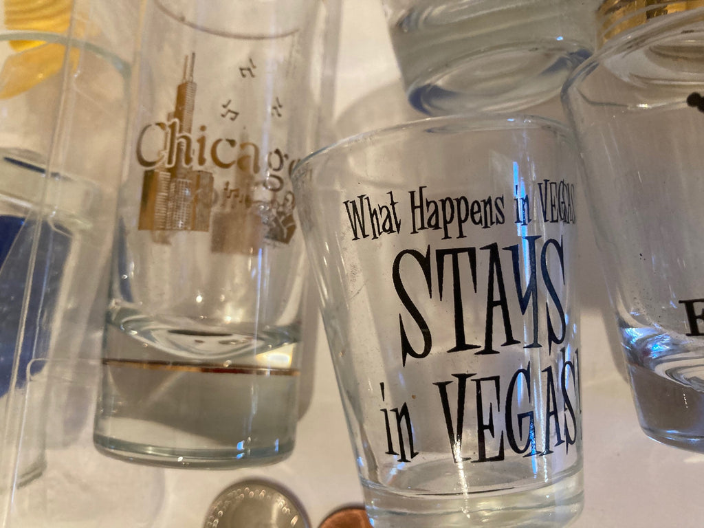 10 Vintage Shot Glasses, Whiskey, Drinks, Games, Shelf Display, Las Vegas, Chicago, New York, More.