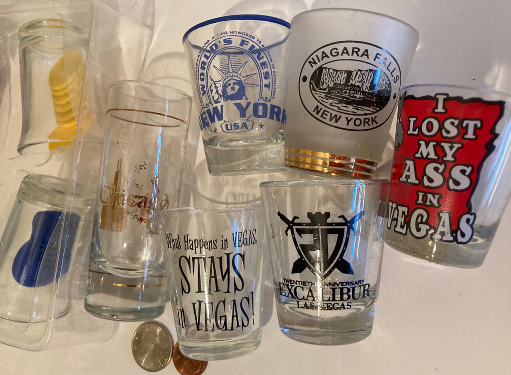 10 Vintage Shot Glasses, Whiskey, Drinks, Games, Shelf Display, Las Vegas, Chicago, New York, More.