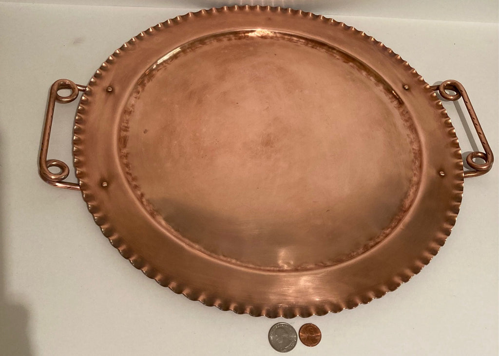 Vintage Copper Metal Wall Hanging, Platter, Serving Tray, Wall Decor, Hand Crafted, Made in USA, Signed on the Back, Quality, 17 1/2" Handle