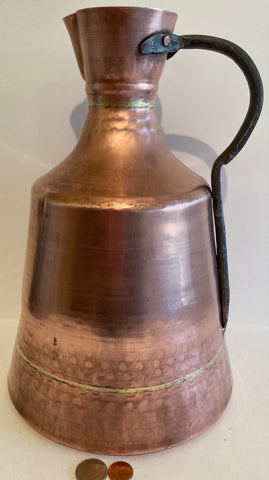 Vintage Metal Copper and Brass Antique Pitcher, Heavy Duty, Hammered Metal,  13" Tall and 9" Wide the Bottom, Quality, Kitchen Decor