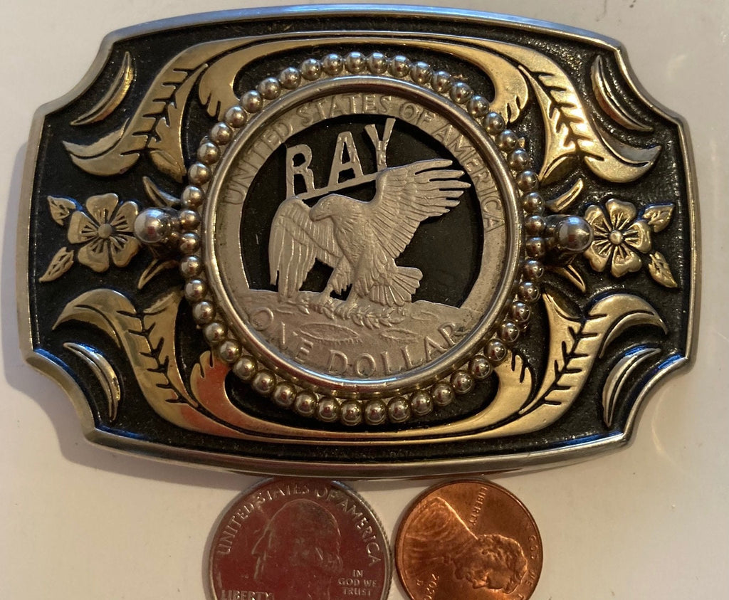 Vintage Belt Buckle, One Dollar Coin Carved Out with the Name Ray, Quality, USA, Heavy Duty, Fashion, Collectible, Belt Decor, Table Decor
