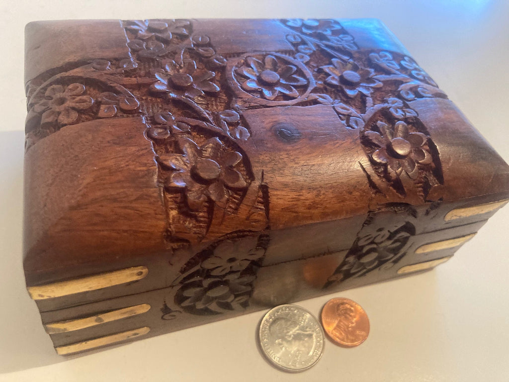 Vintage Wooden and Brass Storage Box, Stash Box, Red Velvet, 6" x 4" x 2 1/2", Hand Carved, Quality Hardwood, Jewelry, Storage