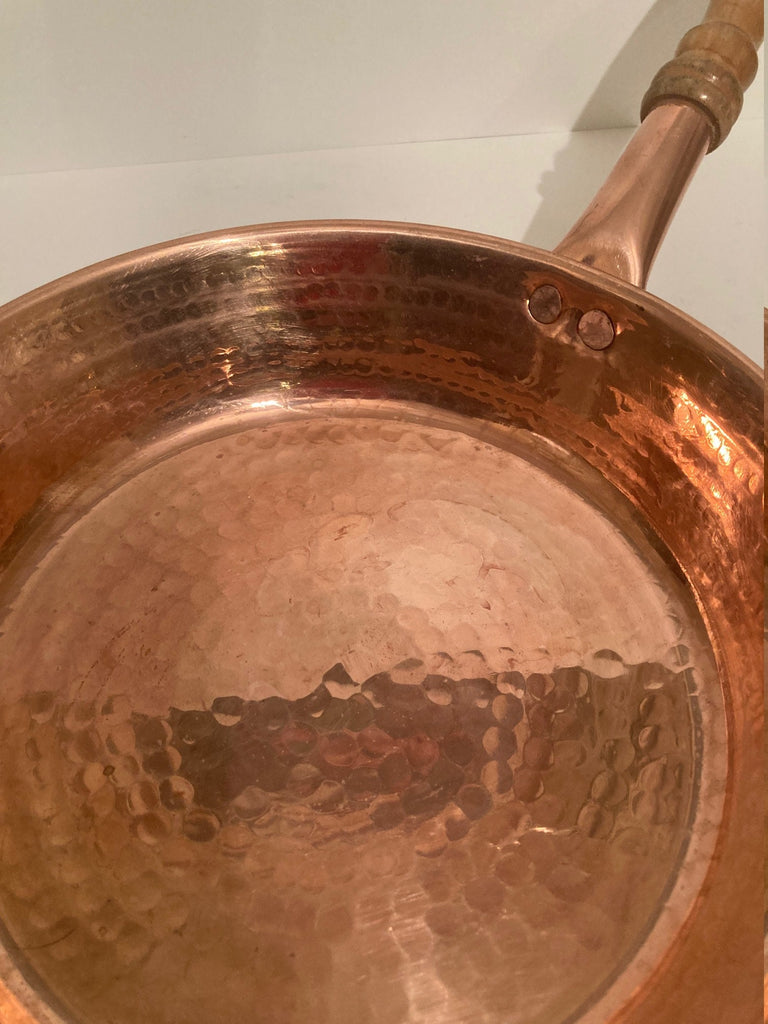 Vintage Metal Copper and Wooden Handle Cooking Pan, Quality, Heavy Duty, 18 1/2" Long and 10" x 2" Pan Size, Hammered Metal, Quality