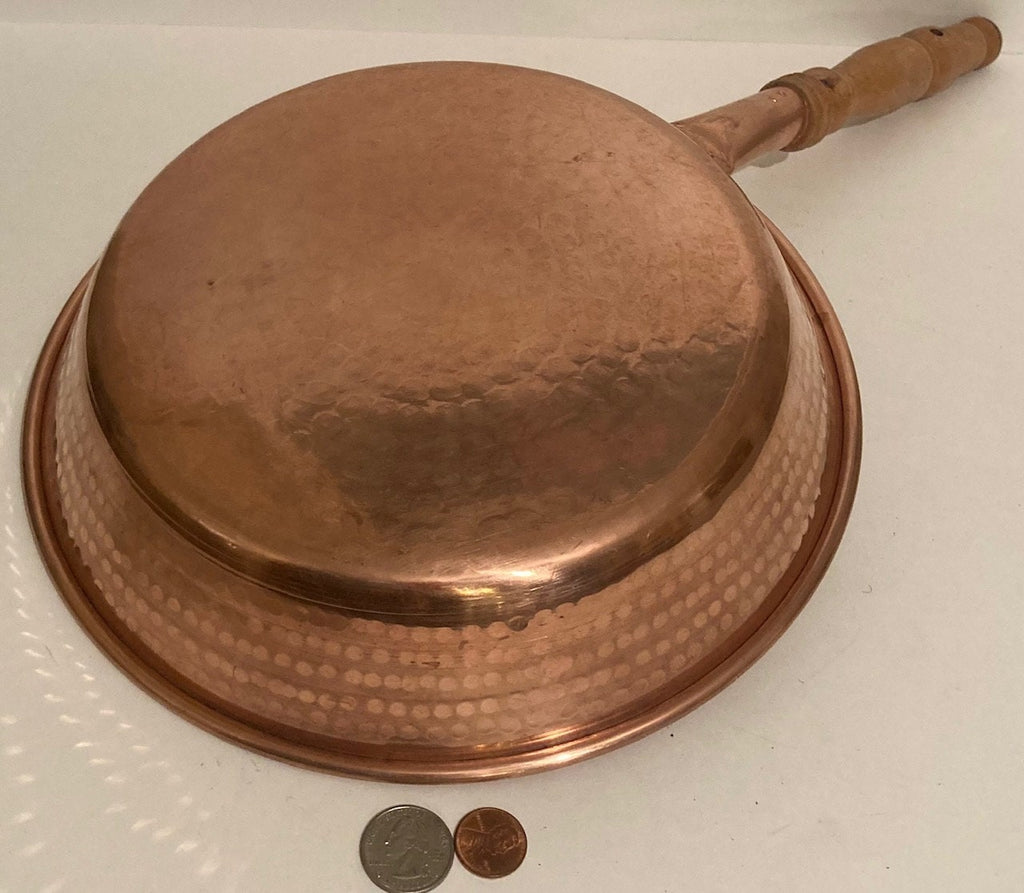 Vintage Metal Copper and Wooden Handle Cooking Pan, Quality, Heavy Duty, 18 1/2" Long and 10" x 2" Pan Size, Hammered Metal, Quality