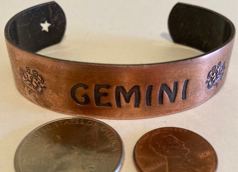 Vintage Metal Copper Gemini Astrology Wrist Band, Quality, One Size Fits Most, Horoscope, Fashion, Unique, Solid Copper