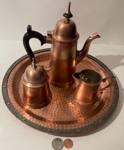 Vintage Metal Copper Tea Set On A Plate, 12" Wide, Heavy Duty, 4 1/2 Pounds, Hammered Metal, Kitchen Decor, Table Display, Shelf Display