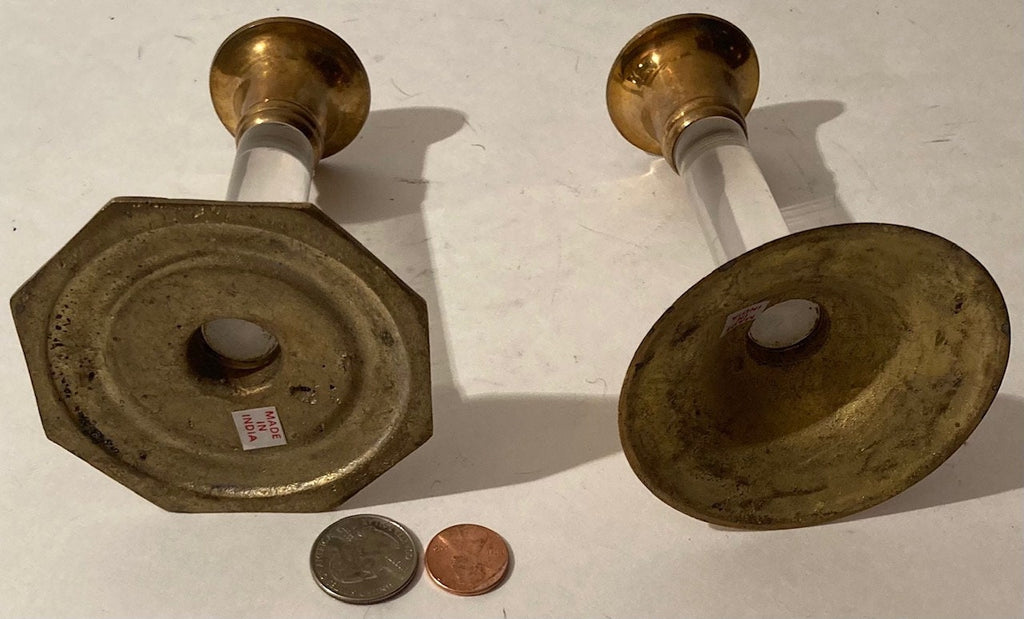 2 Vintage Brass and Resin Candle Stick Holders, 5" Tall, Table Display, Shelf Display, These Can Be Shined Up Even More