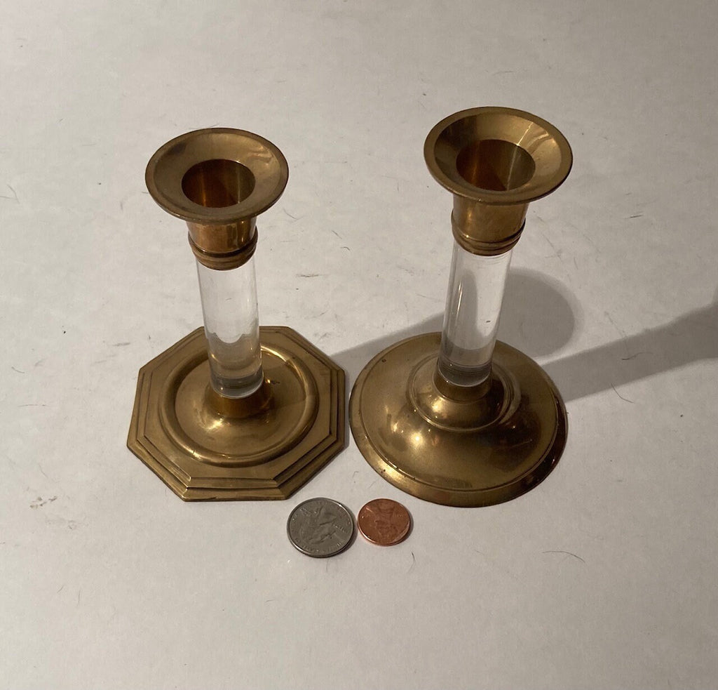 2 Vintage Brass and Resin Candle Stick Holders, 5" Tall, Table Display, Shelf Display, These Can Be Shined Up Even More