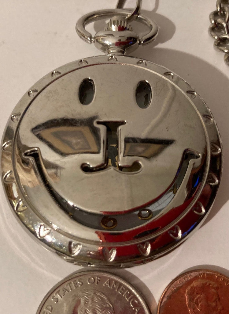 Vintage Metal Pocket Watch, Smiley Face Design, Clock, Time, Style