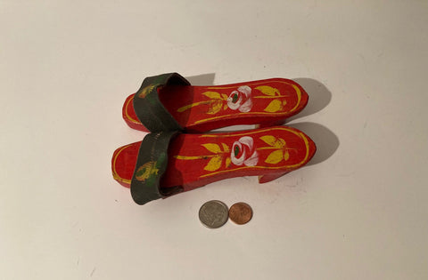 Vintage Set of Wooden Shoes, Sandals, Leather & Wood, 6 1/2" Long, Home Decor, Shelf Display