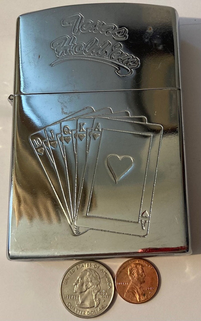 Vintage Metal Giant Size Lighter, Texas Hold'em, Engraved Playing Cards, Poker, 4 1/2" x 3" x 1", Old Vintage Lighter, Cigars